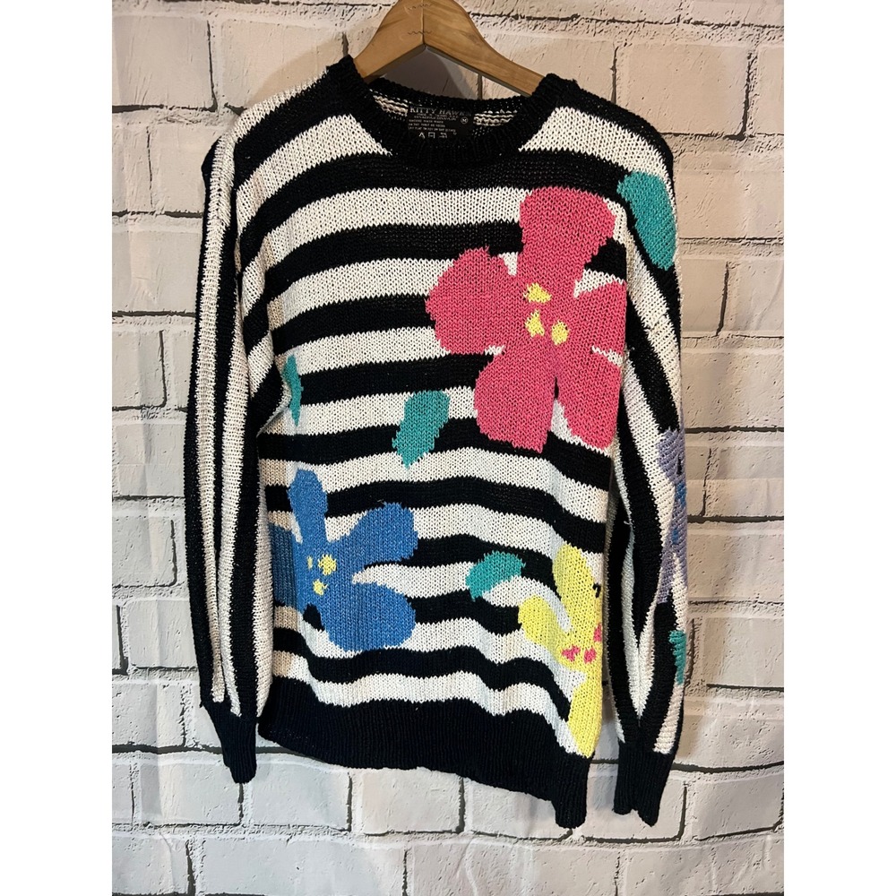 1980s Kitty Hawk Vintage Floral Striped Knit Sweater Black White Pink Blue